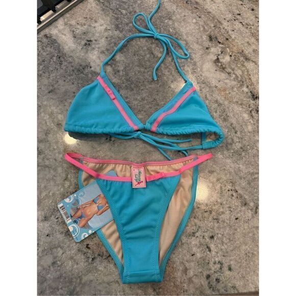 Skinny Dip Bikini Small Blue with Pink Bows - Picture 1 of 6